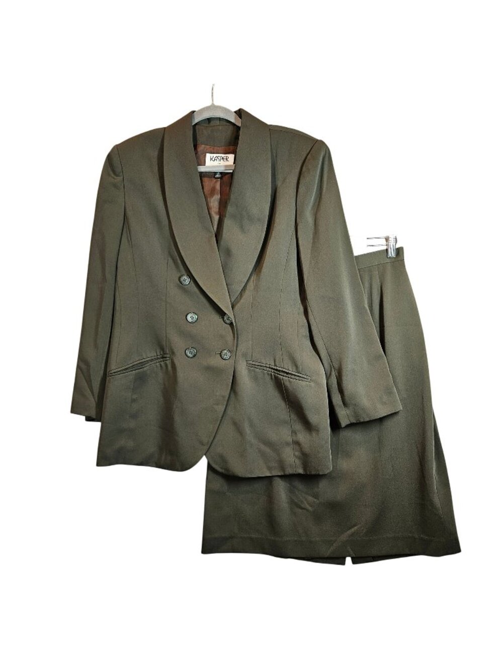 Kasper Olive Green Double-Breasted Blazer Skirt Set Womens 14 career formal
